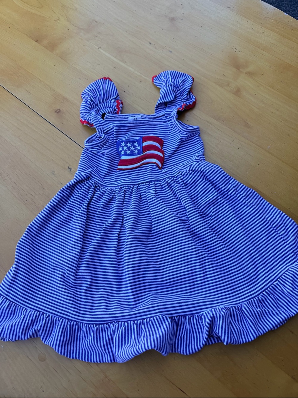 Blue & White Striped Kids Dress with Flag Appliqué